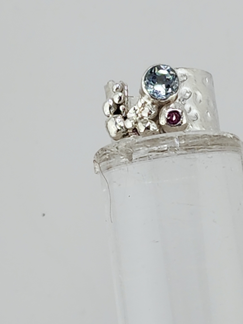 AQUAMARINE & PINK SAPPHIRE BRUTALIST RING HANDMADE IN STERLING SILVER SIZE 8 - Picture 8 of 11